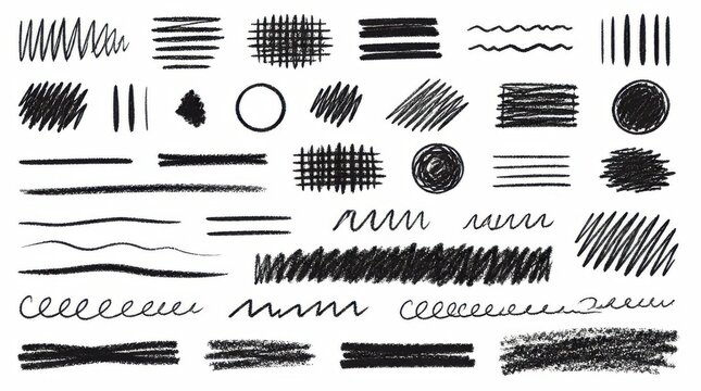 A diverse assortment of textured hand-drawn scribbles and lines, featuring various hatching patterns, squiggles, circles, and brush stroke effects, perfect for artistic overlays and graphic