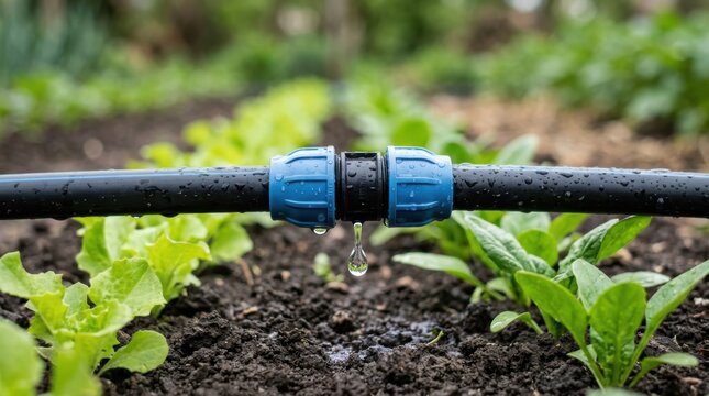 Efficient watering system components connect seamlessly, delivering precise hydration to thriving young plants in fertile soil, promoting vigorous growth and abundant harvests for sustainable