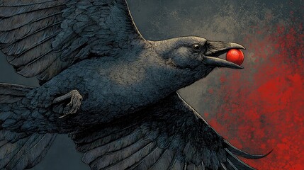 Obraz premium Raven in Flight Carrying a Red Ball Against a Dark Background