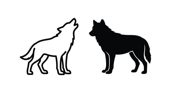 Wolf silhouettes one white and one black on a white background