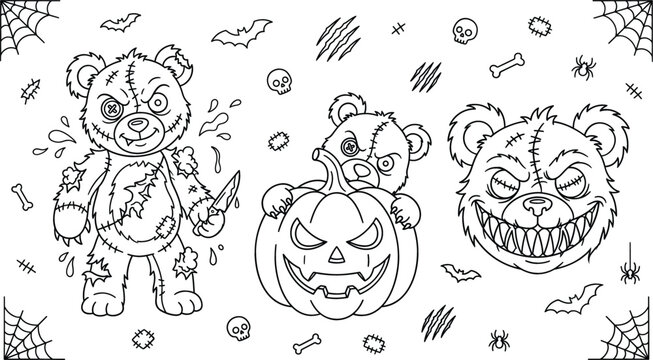Creepy evil teddy bear vector doodle set featuring scary zombie plush pumpkin knife bats spider webs halloween illustrations
