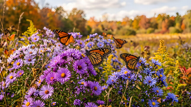 Monarch butterflies perched gracefully upon vibrant purple aster flowers in a sunny meadow during the golden autumn season with soft focus background trees providing a natural and serene atmosphere fo