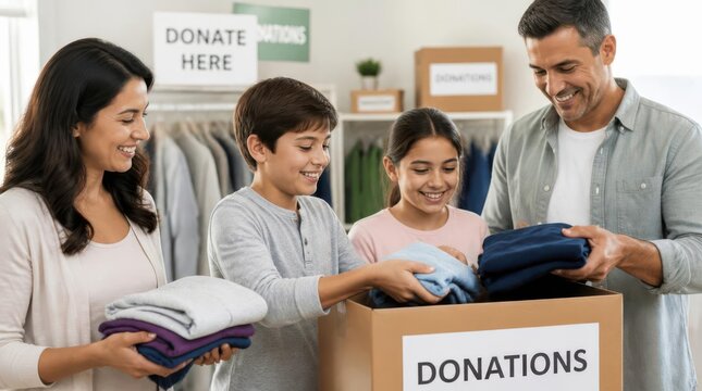 A smiling multi-ethnic family happily contributes folded clothing items to a cardboard box labeled 'Donations' at a community center helping others with kindness and generosity during