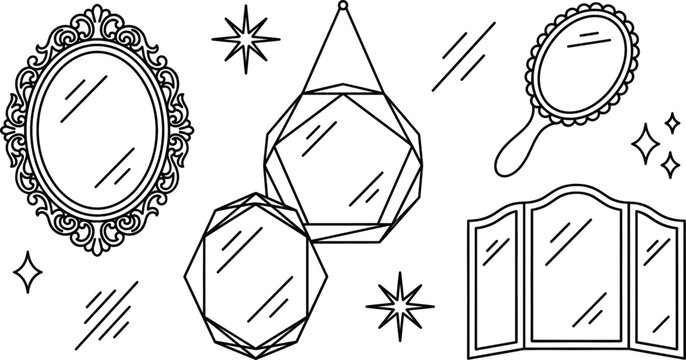 Vintage mirror line art set frame handheld vanity geometric hanging reflection vector outline black white illustration