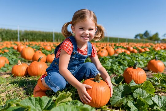 Little girl smiling picking pumpkins in autumn patch