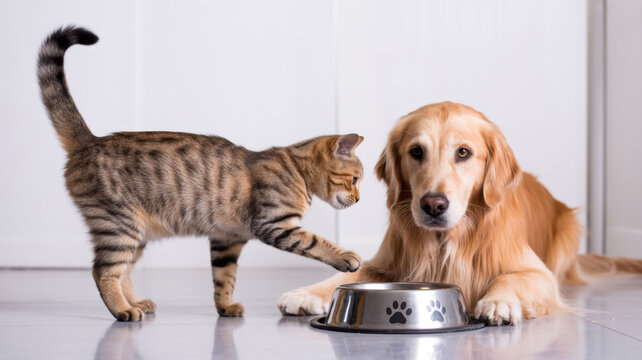 Tabby cat reaches its paw towards the dog by the empty food bowl, waiting for a meal