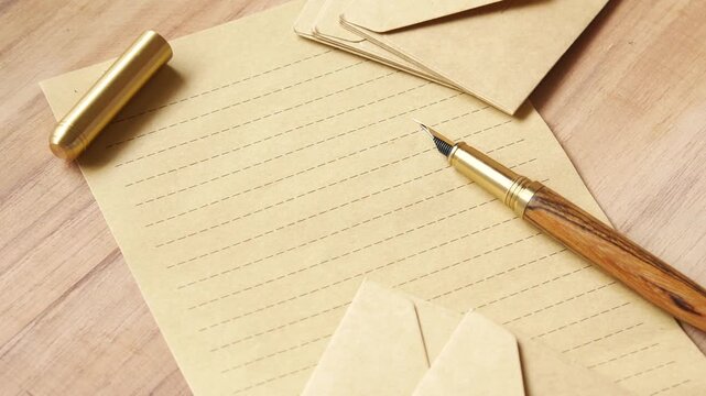 A close up view of a golden pen on a stack of envelopes and stationery paper on a wooden table, featuring an elegant writing instrument with a classic design
