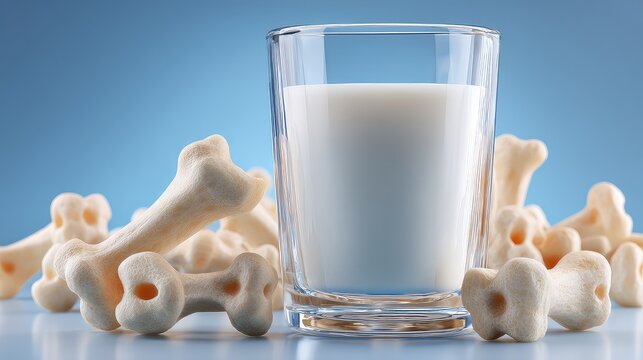 Glass of milk surrounded by bone-shaped objects on blue background