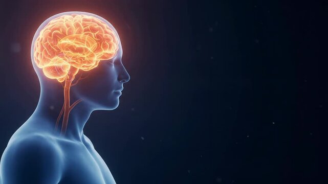 Medical 3D animation showing the human carotid artery highlighting blood flow in the neck region.