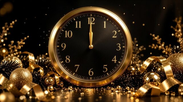 Luxury Golden Clock Showing Midnight at New Year Celebration