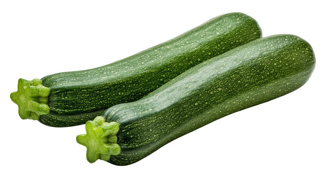 Two fresh green zucchini with star-shaped stems, isolated on transparent background