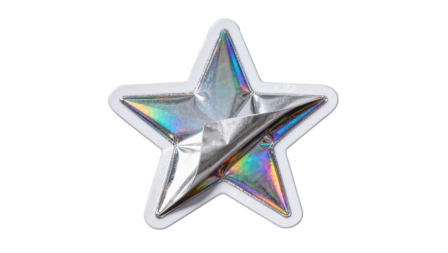 Holographic silver star sticker peeling off, isolated on transparent background