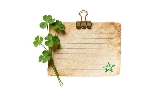 Green clover sprigs attached to aged paper note with lines, isolated on transparent background