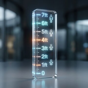 Digital height measurement chart with glowing neon markings and human scale icons