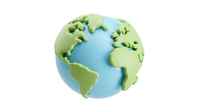 Stylized 3D globe with blue oceans and green continents, isolated on transparent background