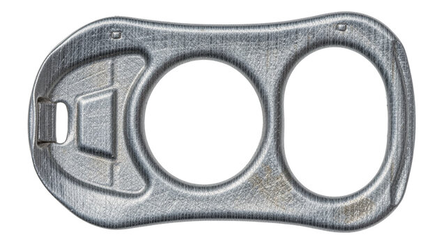 Metal soda can pull tab with two circular openings, isolated on transparent background