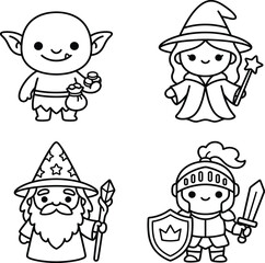 Fototapeta premium Four stylized fantasy characters including gnome, wizard, sorceress, and knight in black and white line art