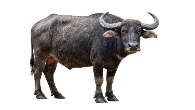 Large dark grey water buffalo with curved horns, isolated on transparent background