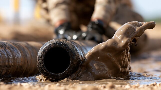 Close-up of muddy pipeline work, showcasing machinery in action on a construction site.