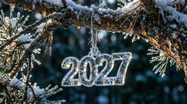 Macro 2027 lead crystal ornament on frozen scots pine branch