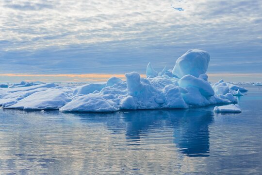 Pack ice and Icebergs in the retreating Arctic Ocean at the latitude of 81&deg;3 N, Svalbard archipelago, Norway