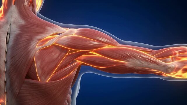 Medical 3D illustration showing the detailed muscle structure of a human shoulder and back against a dark blue background.