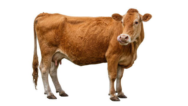 Brown Jersey cow with udder standing and looking to the side, isolated on transparent background