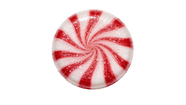 Round red and white swirled peppermint candy with sugar crystals, isolated on transparent background