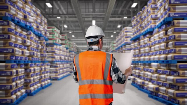 Back of Asian Male Engineer Looking At Blueprint In His Hands While Walking at Warehouse Stacked Cement Bags Pallets