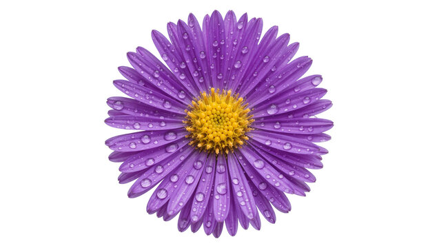 Vibrant purple aster flower with yellow center covered in water droplets, isolated on transparent background