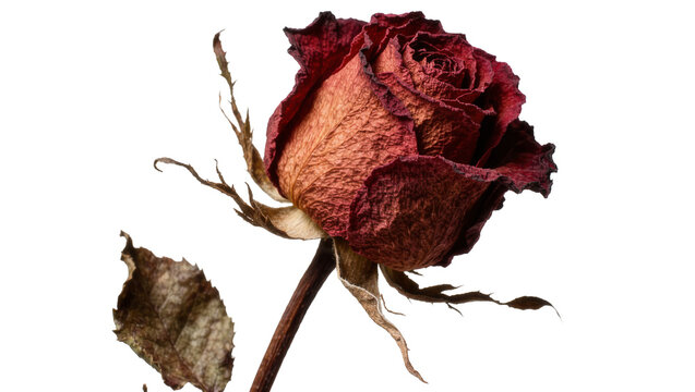 Dried deep red rose with brittle petals and stem, isolated on transparent background