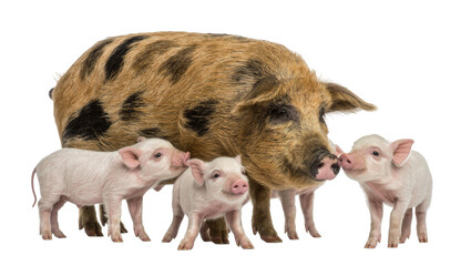 Spotted sow with three piglets interacting nose to nose, isolated on transparent background © Sophie