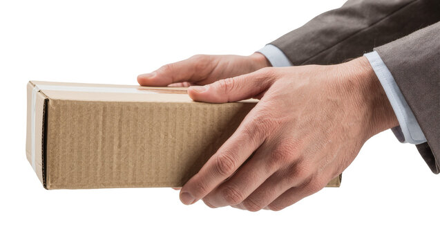 Man s hands in suit holding cardboard box, isolated on transparent background