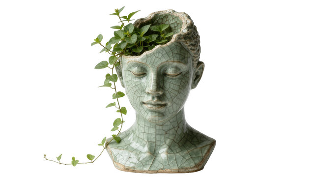 Cracked ceramic female head planter with green plant growing, isolated on transparent background