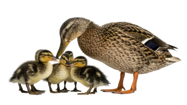 Mother duck nuzzling her four fluffy ducklings, isolated on transparent background