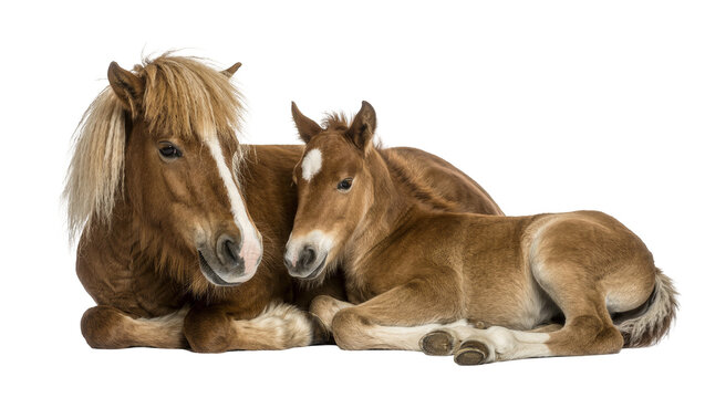 Brown mother and baby horse resting together, isolated on transparent background