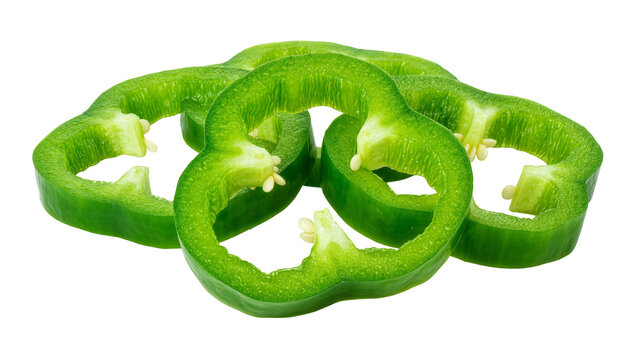 Fresh green bell pepper slices with visible seeds, isolated on transparent background