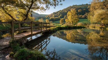 Fototapeta premium Serene Autumn Landscape with Bridge and Reflections on Water