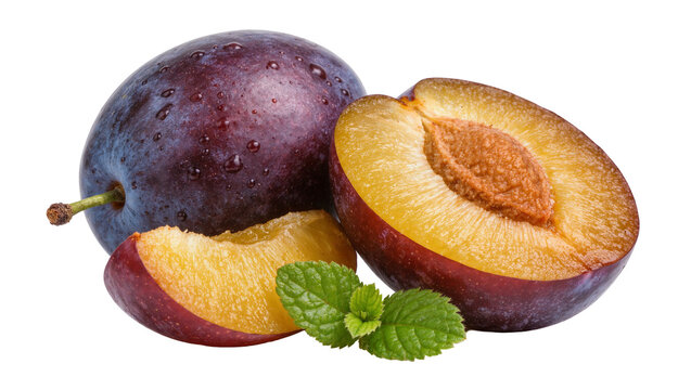 Whole and sliced ripe plums with fresh mint leaves, isolated on transparent background