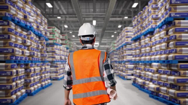 Back of Asian Male Engineer Holding Blueprint While Walking at Warehouse Stacked Cement Bags Pallets