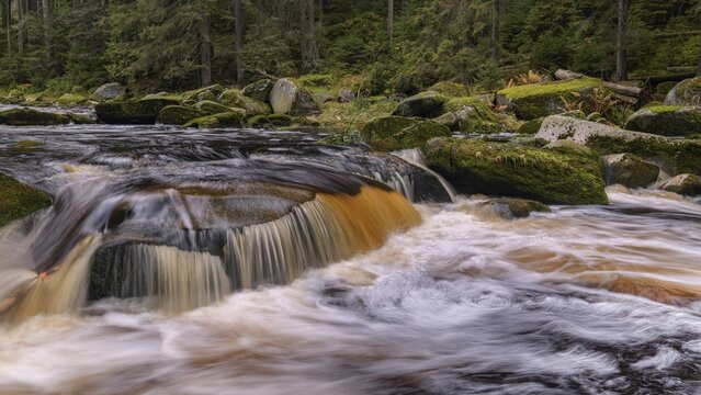 Waterfall at the Vydra with huge boulders in the riverbed, Sumava National Park, &Scaron;umava, Czech Republic