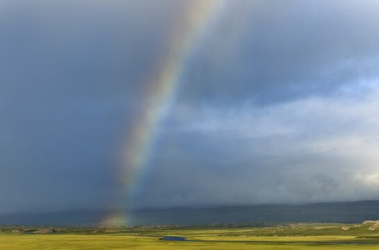Rainbow above the Selfjot River, Road 94, Iceland, Europe