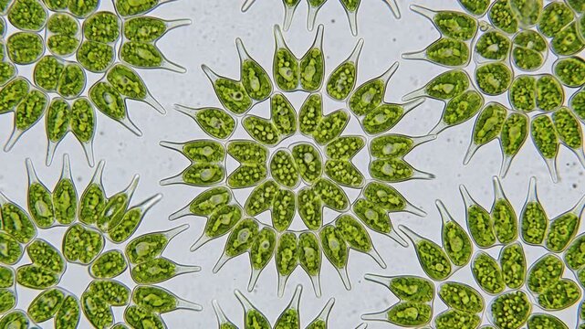 Green microalgae cells viewed through a microscope, intricate shapes and cellular structures visible on a glass slide, renewable biofuel research concept