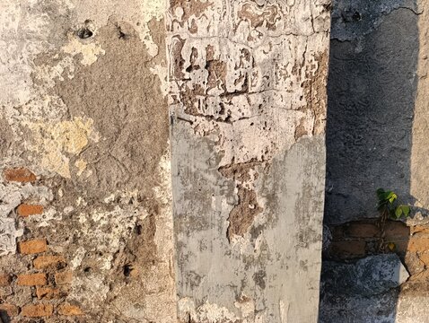 Textured wall shows peeling paint and exposed bricks. Weathered surfaces reveal layers of decay and history.