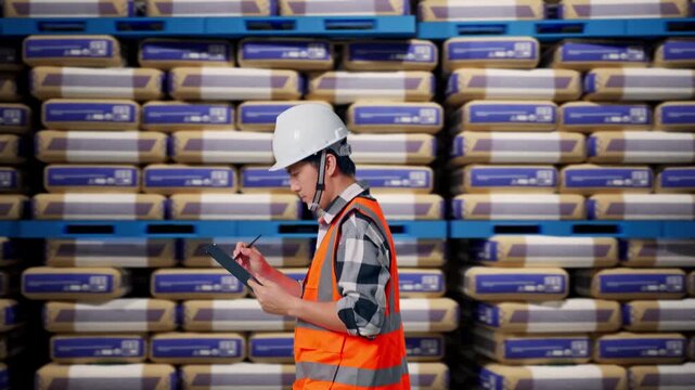 Side View of Asian Male Engineer Taking Note on Tablet While Walking at Warehouse Stacked Cement Bags Pallets