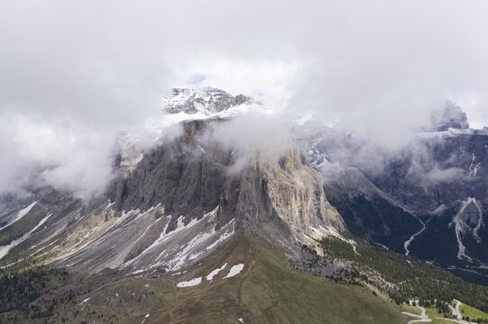 Aerial view, Sella Tower mountain from the back, Sella Pass, South Tyrol, Italy