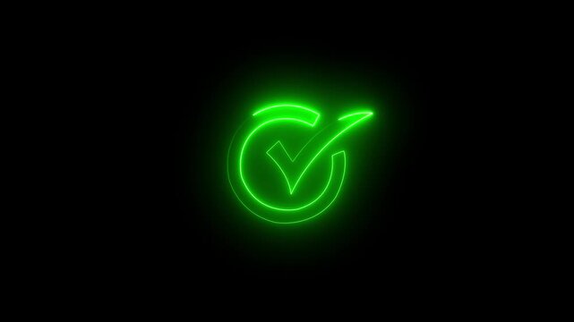 Neon check mark symbol inside circle with purple and blue gradient neon glow on black background motion animation.