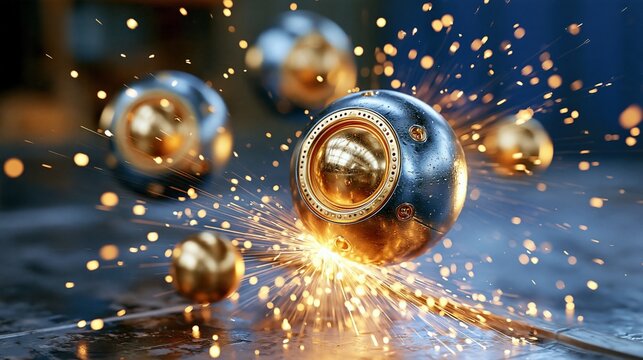 Dynamic shot of metallic parts emitting sparks during precision machining process.
