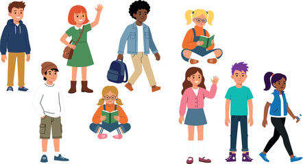 Fototapeta premium Cute school children flat vector character set with diverse elementary students walking waving and reading books