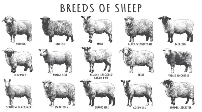 Vintage Engraved Breeds of Sheep Collection. Classical Hand Drawn Farm Animal Set for Agriculture Branding, Livestock Education, and Meat Packaging.